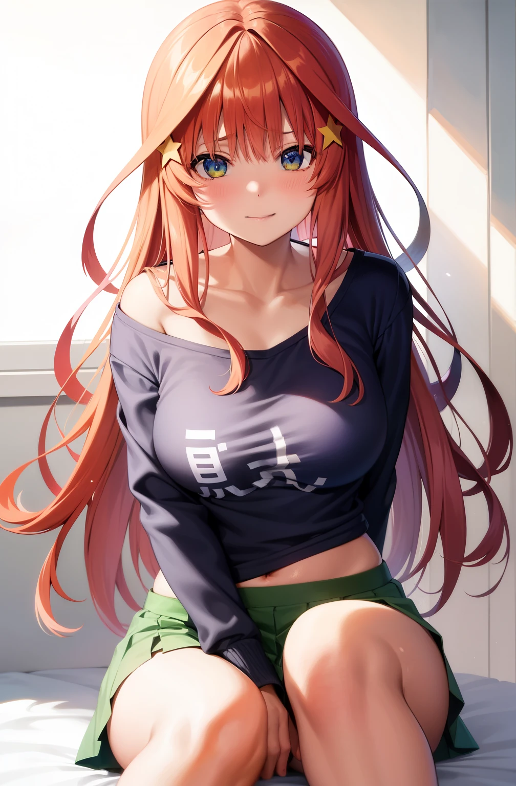 （赤い髪と青い目をしたAnime Girls）, Loose mid-cut T-shirt,((I can see my belly button))、No underwear, ((Shoulder visible shirt)), (Micro Mini Skirt:1.2),魅力的なAnime Girls, Anime Girls con pelo largo, 美しいAnime Girls, かわいいAnime Girls, Anime Girls, かわいいAnime Girls, 最高のAnime Girls, Moe anime art style, visual anime of a cute girl, 肖像画のAnime Girls, Anime Girls, 魅惑的なAnime Girls, (Anime Girls), 若いAnime Girls、Yellow star hair ornament