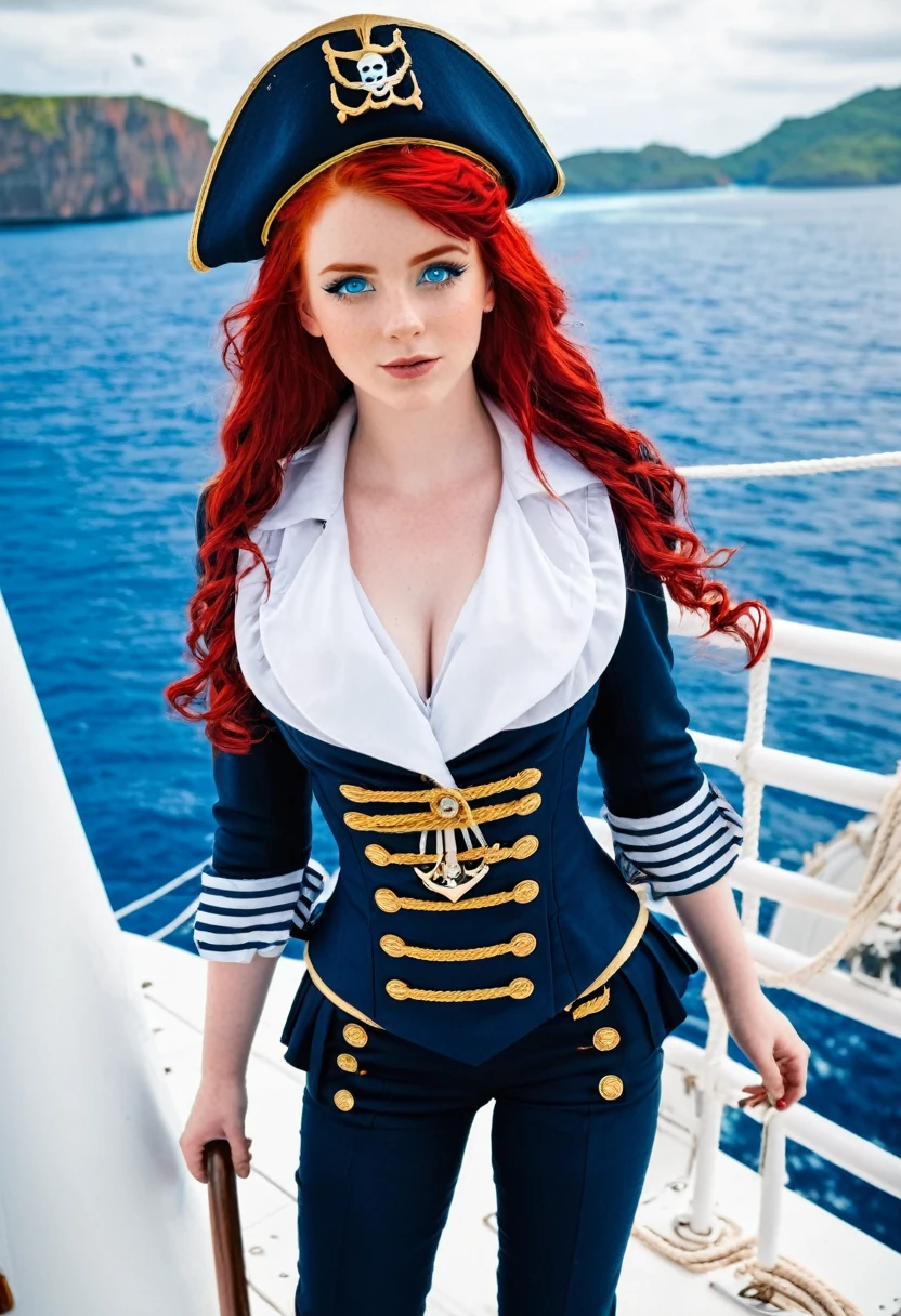 Pirate girl wearing a captain outfits, white skin, ocean blue eyes red hair, standing at ship
