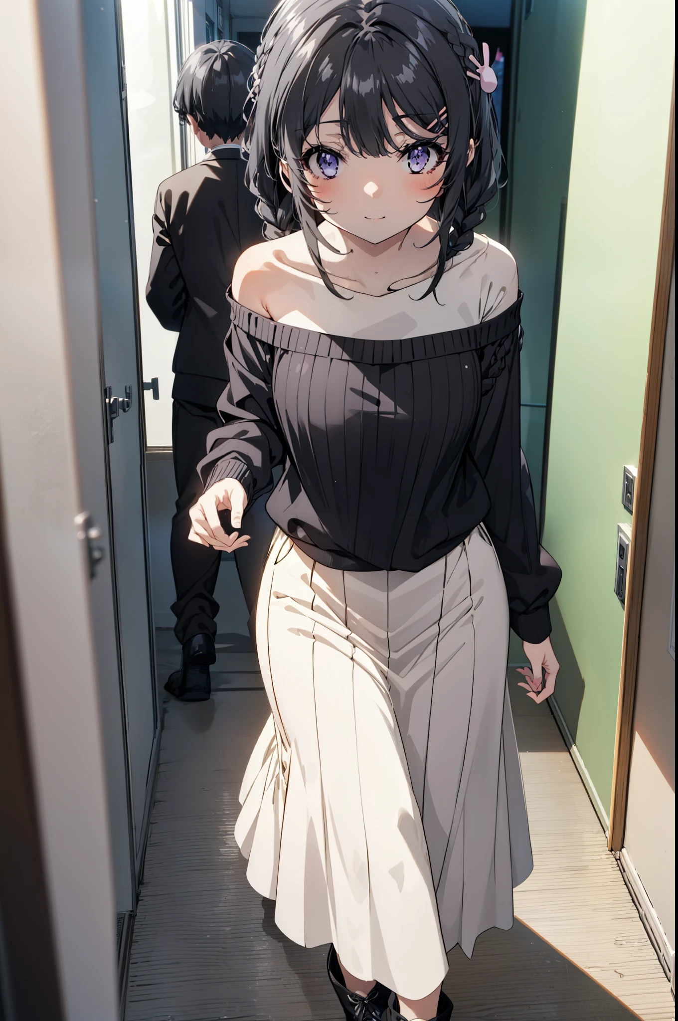 maisakurajima, mai sakurajima, Long braids, bangs, (Black Hair:1.5), hair ornaments, (Purple eyes:1.1), Hair Clip, rabbit hair ornaments,smile,blush,Glasses,One-shoulder sweater,Long skirt,Black pantyhose,short boots,Daytime,Clear skies,Walking,whole bodyがイラストに入るように,
break indoors, University corridor,
break looking at viewer, whole body,
break (masterpiece:1.2), Highest quality, High resolution, unity 8k wallpaper, (figure:0.8), (Beautiful attention to detail:1.6), Highly detailed face, Perfect lighting, Highly detailed CG, (Perfect hands, Perfect Anatomy),