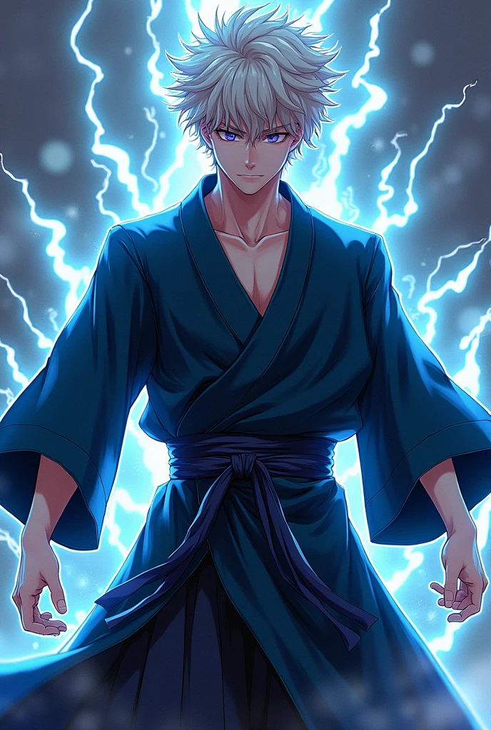 , jujutsu Kaisen style clothing, (( image without deformities )) , Scenario with destruction , anime styling , best qualityer , best resolution , masterpiece , character manipulates electricity