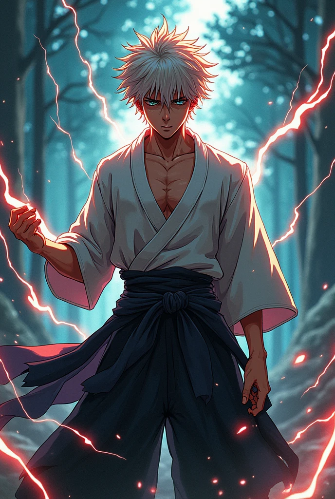 , jujutsu Kaisen style clothing, (( image without deformities )) , Scenario with destruction , anime styling , best qualityer , best resolution , ​masterpiece , character manipulates electricity