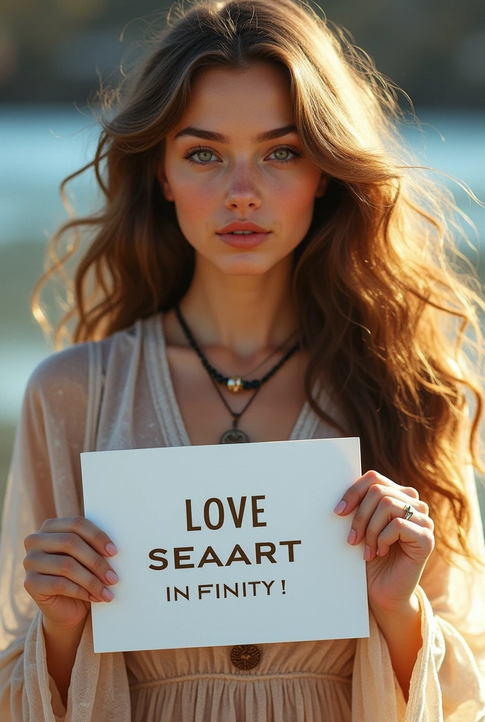 Beautiful girl with wavy long hair, bohemian dress, holding a white board with text "I Love Seaart Infinity" and showing it to the viewer
