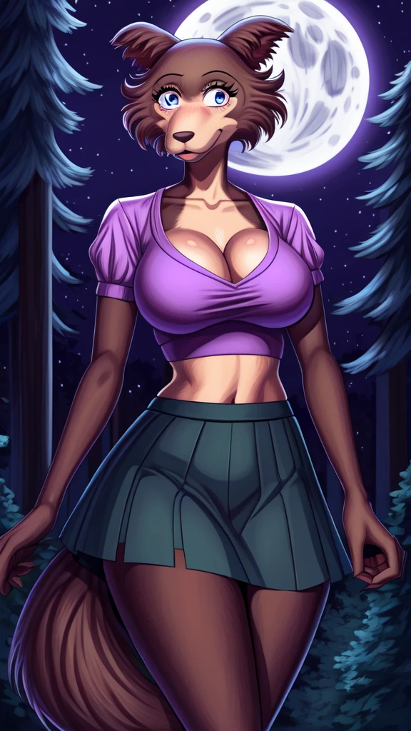 Beastars art style, beastars, Juno, brown wolf, she Wolf, 1girl, furry, long curly brown fur, slim figure, blue eyes, wide hips, Big breasts, purple skirt, purple crop top, cleavage, night time, woods