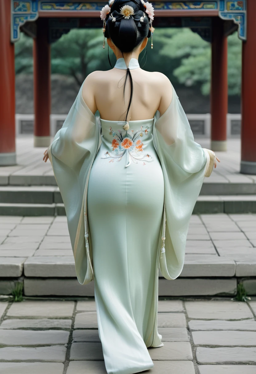 The image of a Qing Dynasty Empress with her bare buttocks visible. The background is the stone paving outside a Chinese palace during the Qing Dynasty. Only her large buttocks are sticking out. She is either wearing underwear or not. Her protruding buttocks are floating up in the air.
Her hair is decorated with a large flower ornament and a large crown.
The back of the hair is tied up and up. Erotic Woman