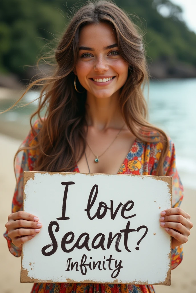 Beautiful girl with wavy long hair, bohemian dress, holding a white board with text "I Love Seaart Infinity" and showing it to the viewer