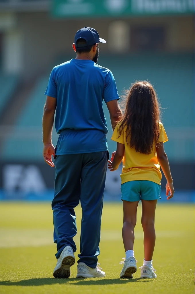 Photo of a girl with Dhoni. From the back side.