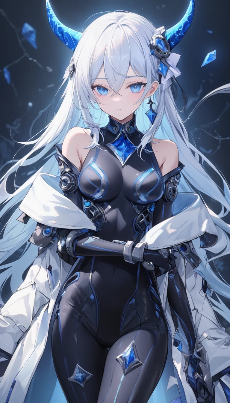 white hair, crossed bangs, very long hair, single sidelock, Blue crystal dragon horn, blue eyes, eye shadow, Aesthetically pleasing, Mechanical horn, Inward curved Horn, Black Sleeveless Bodysuit, Stripes all over the clothes, Chest clings to clothing, White Off-shoulder coat, Blue hair accessories, Stunning, Exquisite, Comely, Single earring, Modern Clothing, best quality, high quality, 1080P