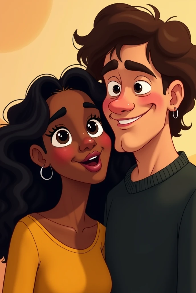 A brown woman with long black curly hair, black eyes, wearing a yellow dress. And a white man with a wide chin, drumstick nose, curly brown hair. He wears a black sweater. They make faces for a selfie together. Disney style