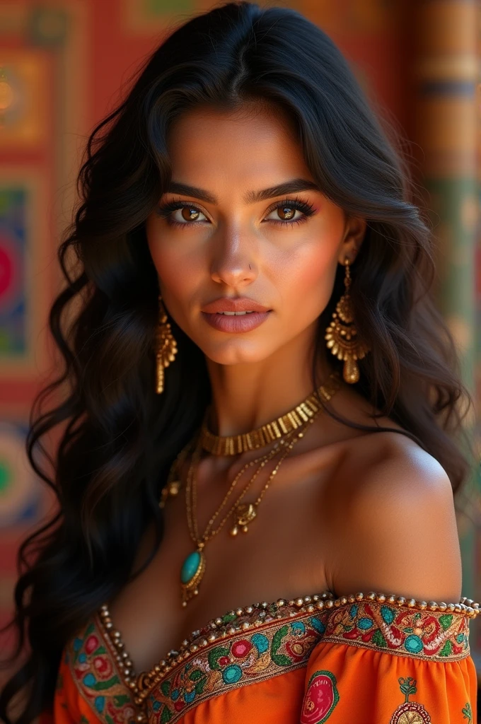 A beautiful Moroccan girl, dark brown eyes, 26 years old, almond shaped eyes, oval face shape, wavy hair, 170cm, 65kg, highly detailed face, detailed skin texture, elegant poses, colorful Moroccan dress, gold jewelry, natural lighting, dramatic shadows, warm color palette, portrait, realistic, photorealistic, 8k, masterpiece