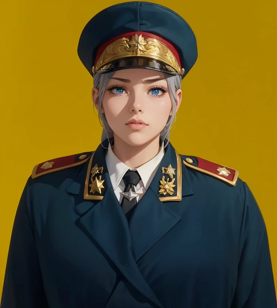 Female, (exceptional, best aesthetic, new, newest, best quality, anime, waifu:1.2), master piece, best quality, absurdres, highres, good anatomy, serious face, ultra detailed, (1girl:1.3), colored, 1 girl, female, blue eyes, grey hair, peaked cap, red part on the cap, star insignia on the cap, coat, golden shoulder piece, lautel leaves, inside white shirt, black tie, star badge on the tie, looking directly at user,