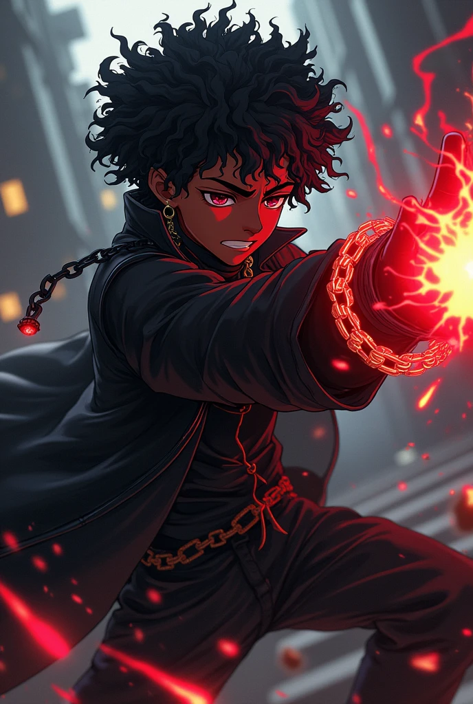 Black anime kid with all black clothes with a cross around his hand and neck and has dreads and glowing red and gold chains around his hands
Make his skin color black make him have curly fluffy dreads make him black with dreads he has a black large coat hanging off his shoulders now make him black with fluffy dreads put him fighting someone and punching the person in the face