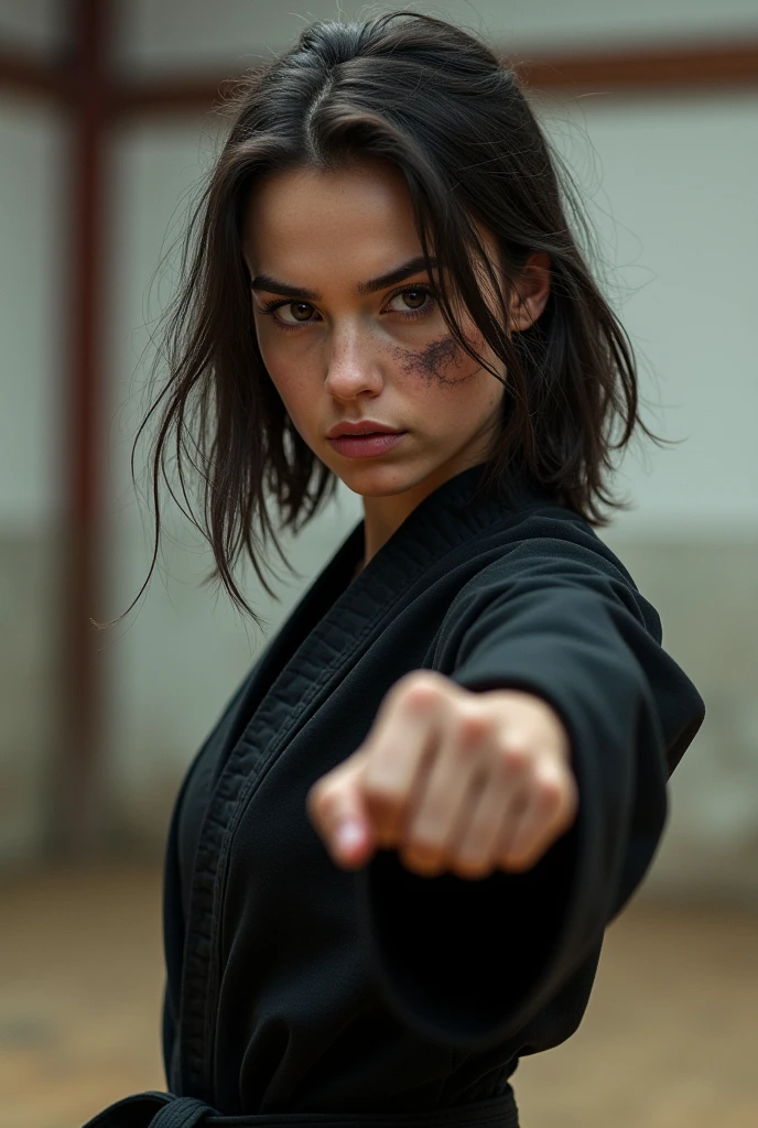 A girl with features similar to Dove Cameron, with a scar on the cheek, hair cut to shoulder length and in fighting stance, wearing a black karate outfit