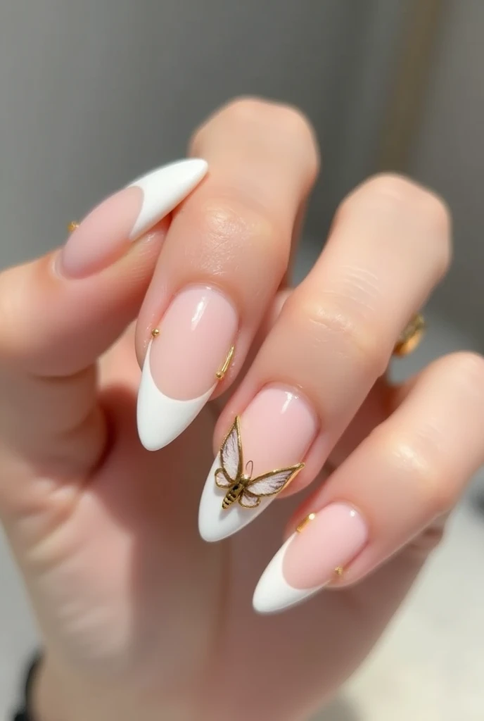 Almond shaped acrylic nails with gold details and a butterfly on one nail, Without accesories, stones or lumps in the nails