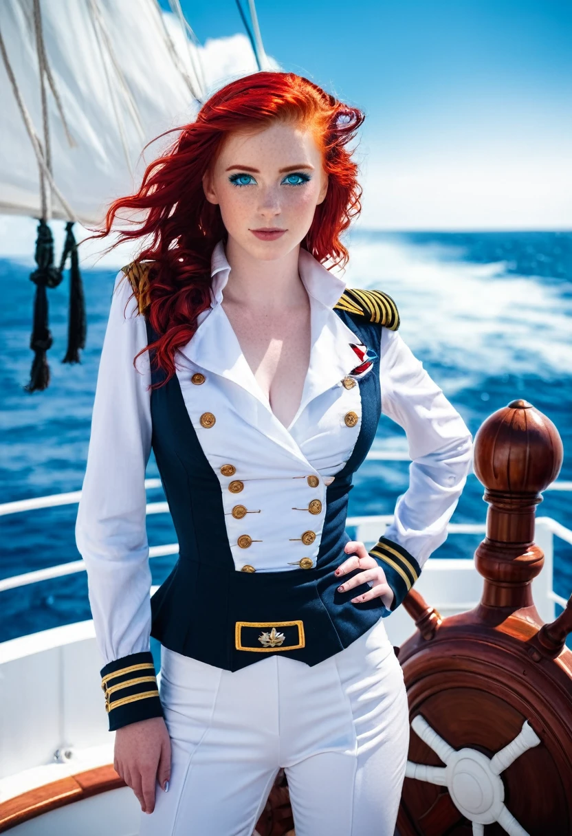 Pirate girl wearing a captain outfits, white skin, ocean blue eyes red hair, standing at ship