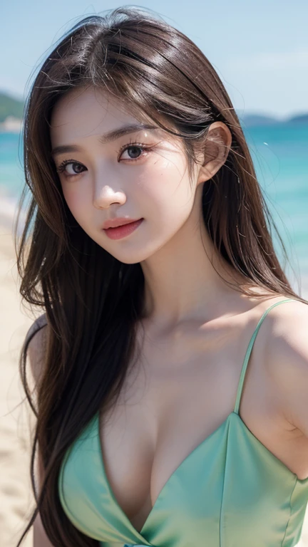 masterpiece、1 beautiful girl、 (Reality: 1.4), Japanese、asian beauty、Super beautiful、beautiful skin、Thin、(whole body)、(超Reality的な)、(High resolution)、(8k)、(Very detailed)、(Super detailed)、big eyes、Brown eyes、Long eyelashes、Detailed face、glossy lip,Bright lights、professional lighting、looking at camera、Serious expression、look directly、long hair、brown hair、sea view、Nogizaka Idol、actor、18 years old、Large Breasts、wet skin、Green thin shoulder jumpsuit、Cleavage cut、baby face、Moisturizing and realistic skin texture、moist lips、Natural shades、NSFW,Smile