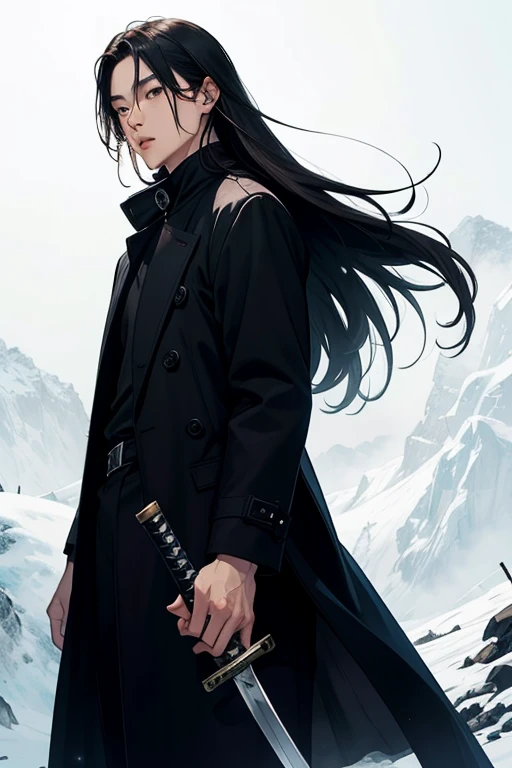 A 29-year-old Korean-looking man with long hair, black overcoat, with white and black katana