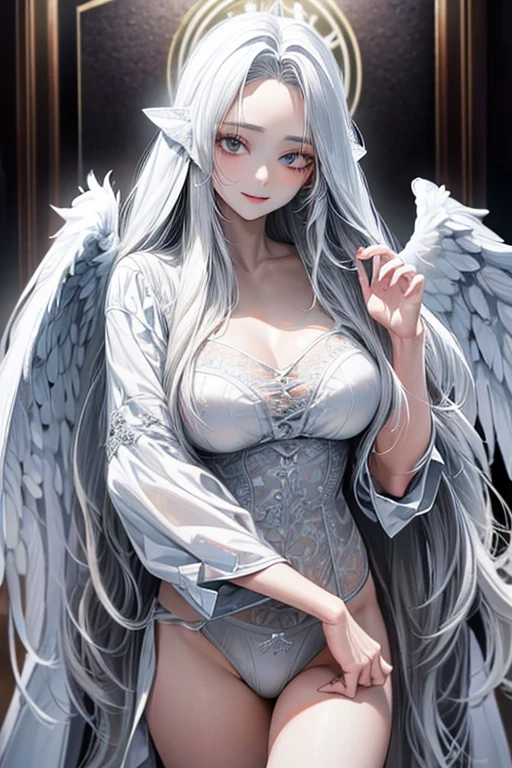 (((white angel wings))),Very detailed、highest quality、Best image quality、masterpiece、8k、Anime Face、A kind smile、Open Mouth、((black long hair:1.5))、big breast, sexy、 beautiful body 、Cowboy Shot, Sexual Intercourse, ((white eyes)), hotel bedroom, (((white lingerie))