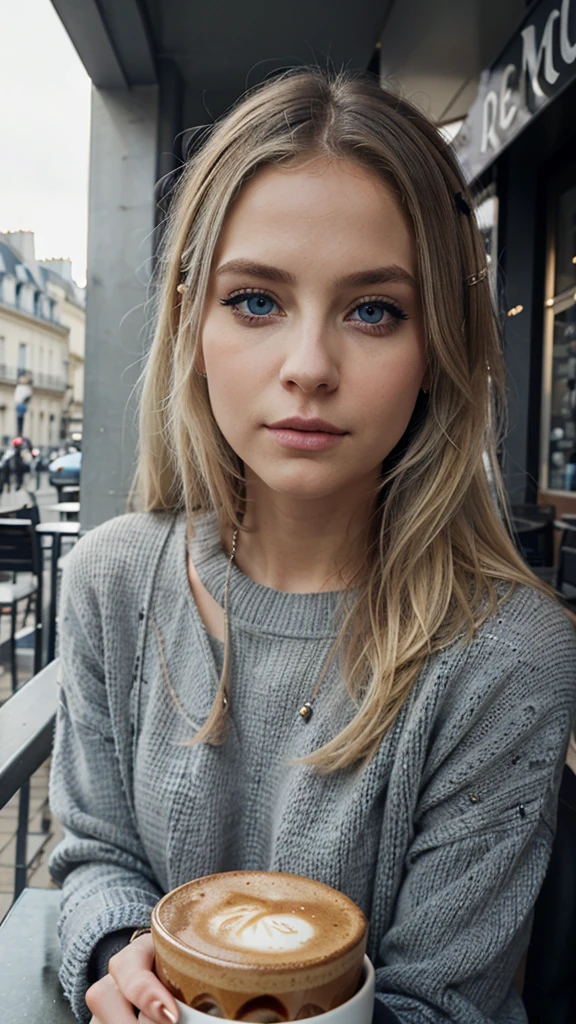 loraavril, black eye makeup, blue eye color/gray, blonde claire, cafe terrace in paris big sweaters