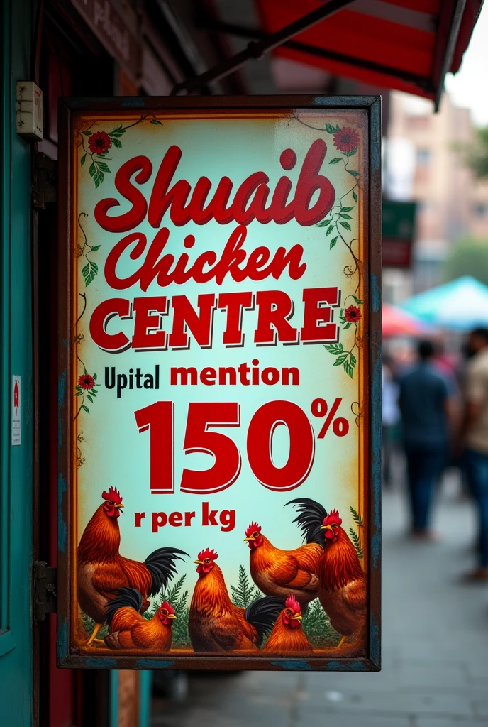Mention 150 rs per kg and Shuaib chicken centre in board with store