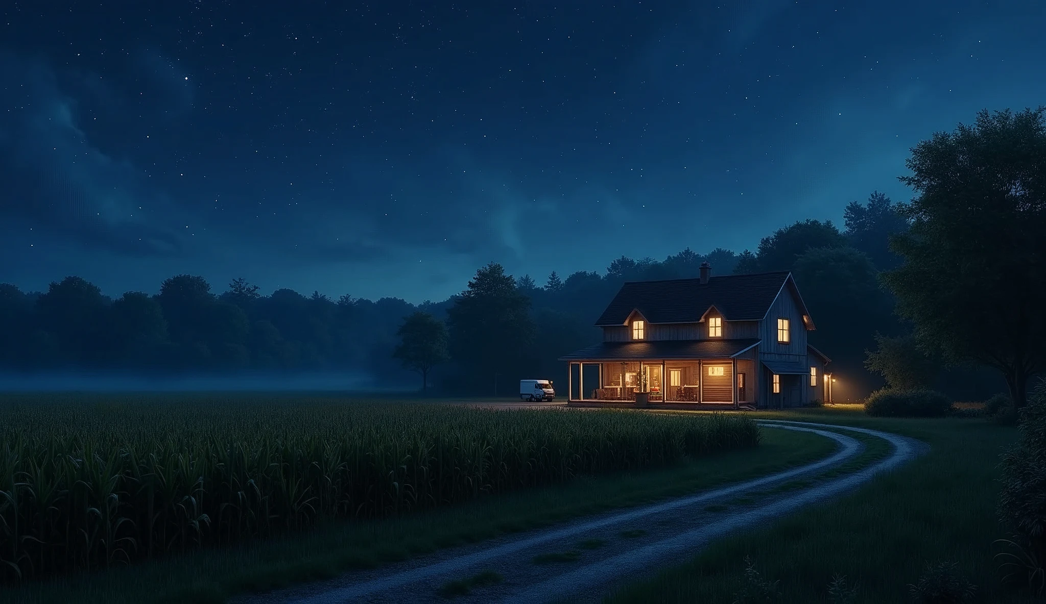 a small two-story farm with a parked vehicle, surrounded by cornfields with a dense forest and a starry night sky, detailed night landscape, realistic, photorealistic, photo-realistic:1.37, best quality,4k,8k,highres,masterpiece:1.2,ultra-detailed,dramatic lighting,dramatic shadows,volumetric lighting,glowing stars,dense forest,lush vegetation,corn crops,farmhouse,parked car,starry night sky,realistic night scene