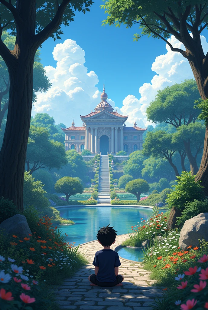 magnificent and spacious garden, palace in the background, a boy sitting looking at the sky, floral flowers colorful, detailed landscape, Beautiful natural landscapes, atmospheric dark, night, cold colours, practical, photopractical, Detailed Foliage, complex buildings, cobblestone street, Charming country house, swirly vibrant colors, lush vegetation, Still water reflections, Picturesque, idyllic, work of art, best qualityer, 8k, extremely detaild,anime styling