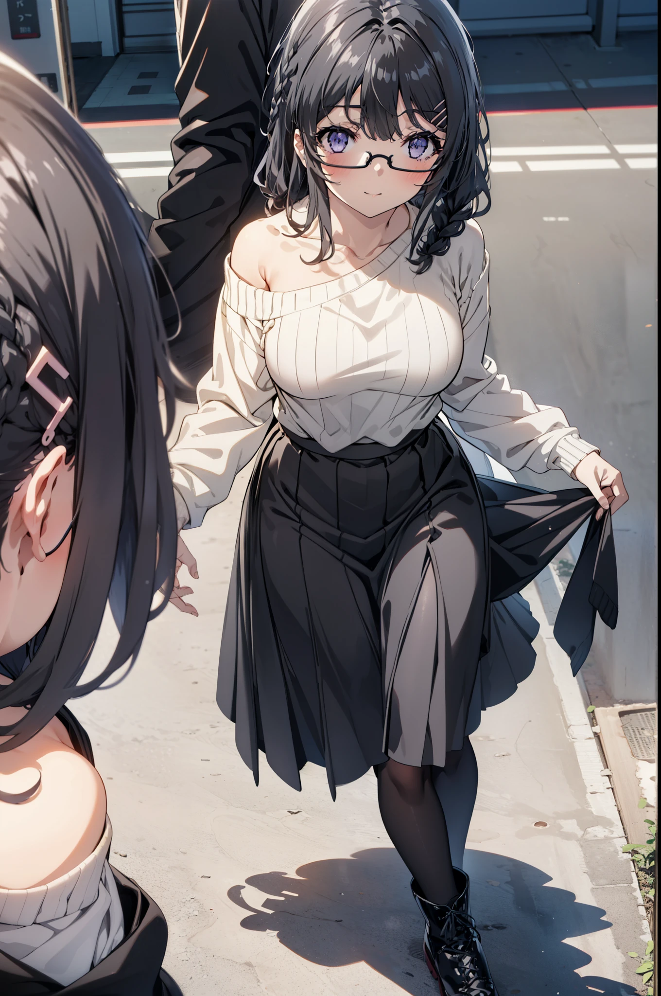 maisakurajima, mai sakurajima, Long braids, bangs, (Black Hair:1.5), hair ornaments, (Purple eyes:1.1), Hair Clip, rabbit hair ornaments,smile,blush,Glasses,One-shoulder sweater,Long skirt,Black pantyhose,short boots,Daytime,Clear skies,Walking,whole bodyがイラストに入るように,
break indoors, University corridor,
break looking at viewer, whole body,
break (masterpiece:1.2), Highest quality, High resolution, unity 8k wallpaper, (figure:0.8), (Beautiful attention to detail:1.6), Highly detailed face, Perfect lighting, Highly detailed CG, (Perfect hands, Perfect Anatomy),
