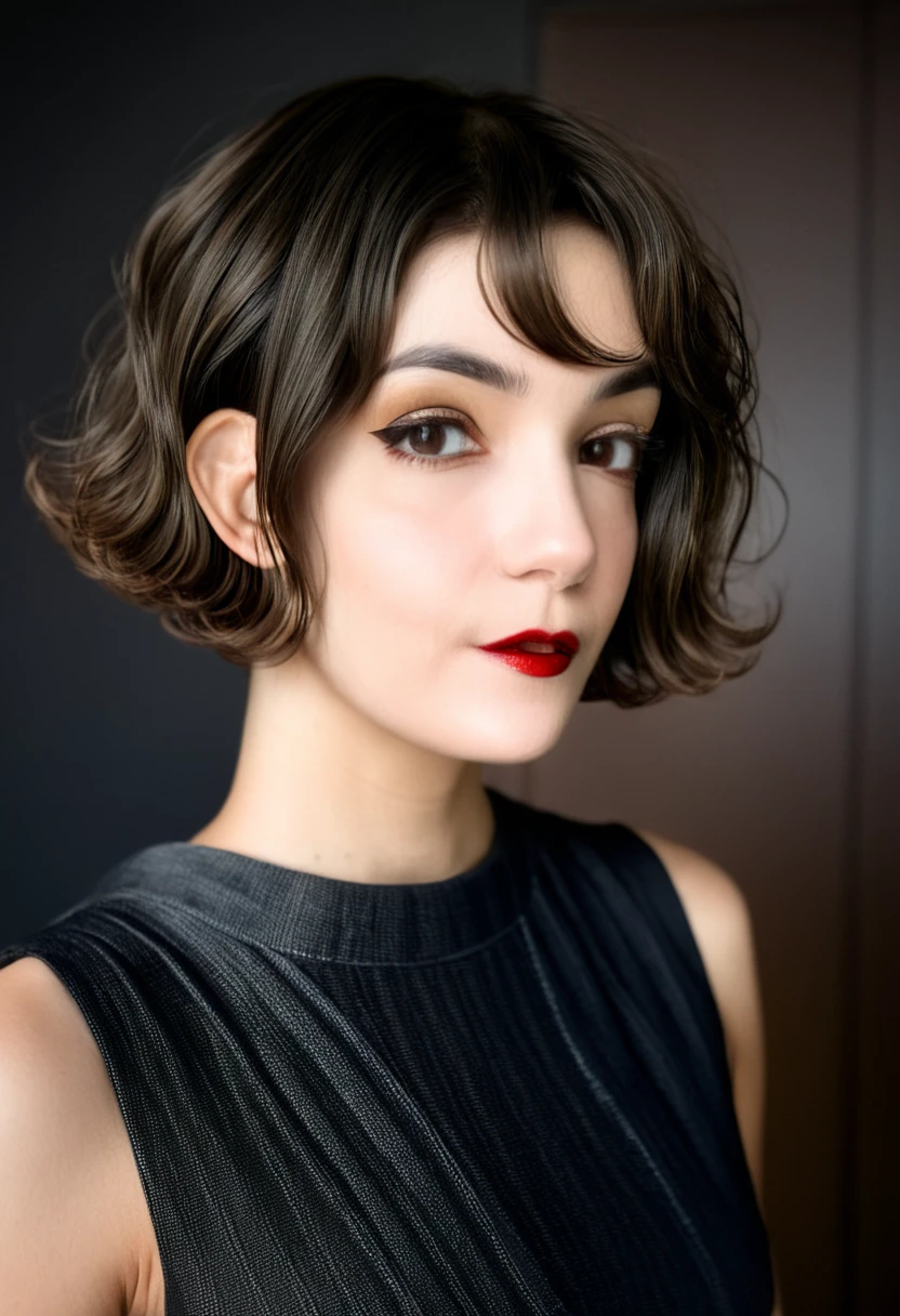 22 yrs Beautiful woman, ultra short french bob haircut, right hair part, (bald fade undercut), Flowing sleeveless Dress, (close-up, editorial photograph), [[Wide-angle photo]], (background inside dark, moody, private study:1.3), full body portrait, by lee jeffries, nikon d850, film stock photograph, 4 kodak portra 400, camera f1.6 lens, rich colors, hyper realistic, lifelike texture, dramatic lighting, cinestill 800, eye contact, faint smile, wavy short french bob hair, 1920s hairstyle, short wavy hair, french bob, wavy pixie cut hair, wavy pixie hair, short black wavy hair, very short wavy hair, short french bob, bowlcut hair, shaved nape, shaved undercut, soft makeup, Dark Hazel eyes, Eye contact, young woman in her 20's,