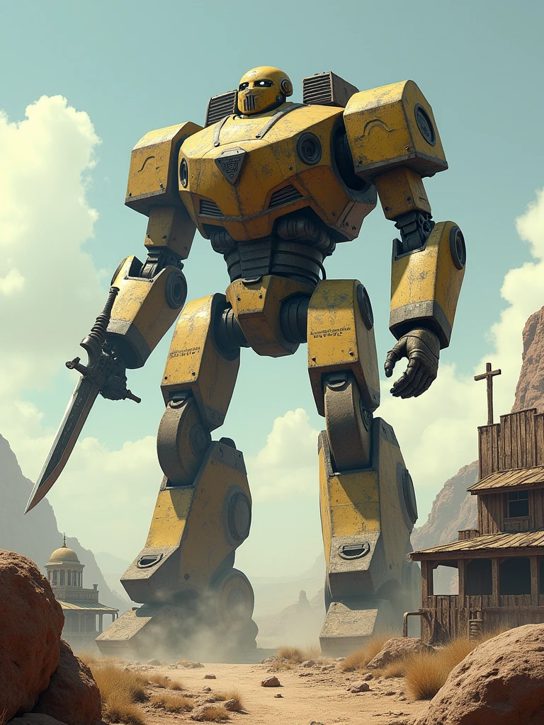 Robot Design,Radiation wasteland style,Western cowboy village,Standing on the boulder and looking down at the world,A sharp sword extends from the right arm