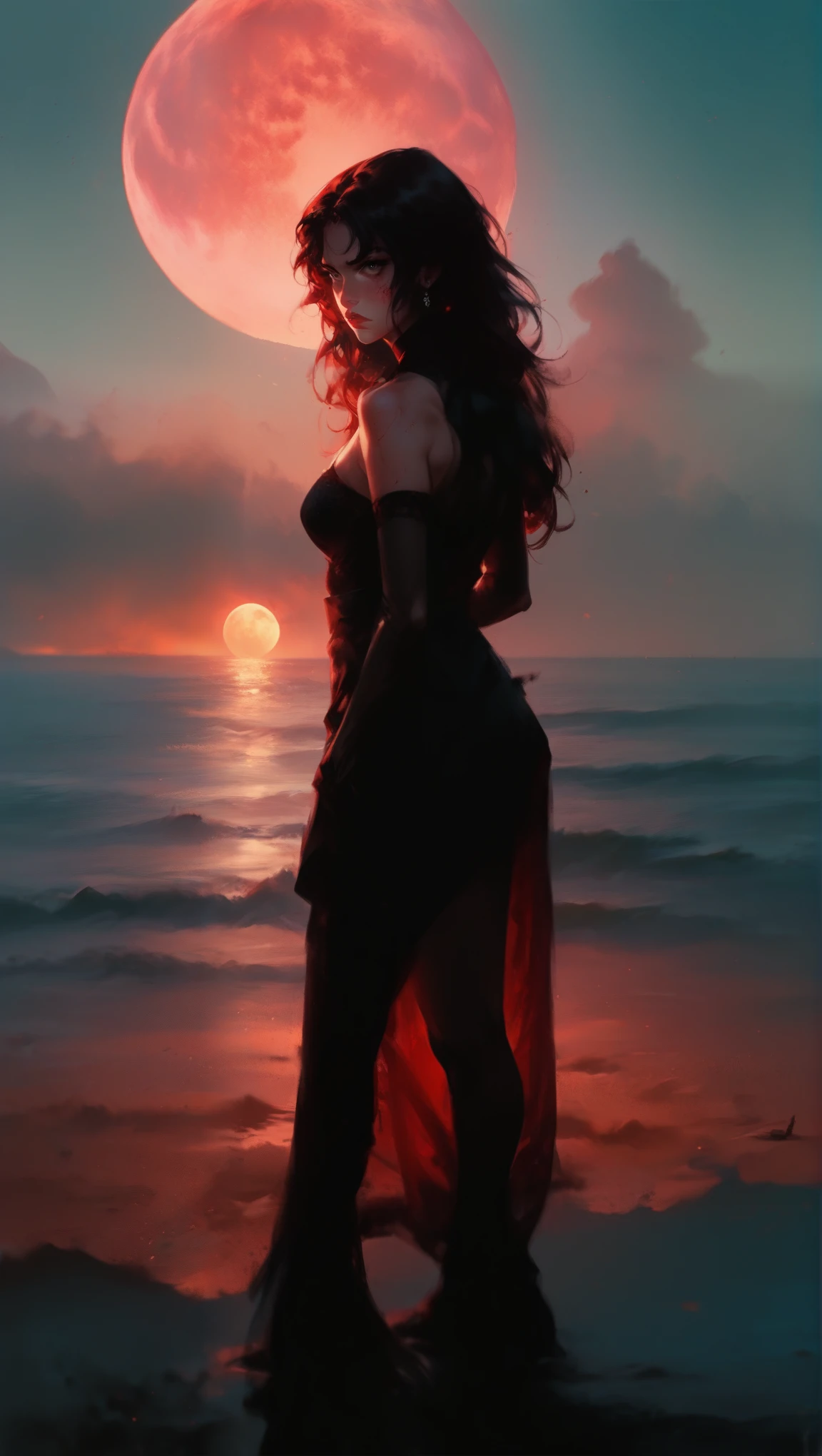 fire simple blood moon black red, salty ocean waters, woman standing on the edge of horizon looking at the viewer and the view, sci fi art style of the masters,