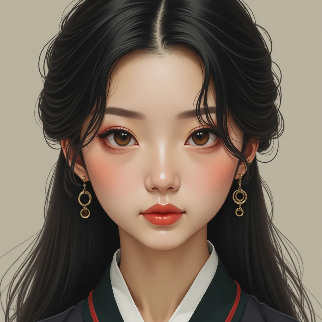1930s Korean Beauty, black long hair, facing forward, Traditional Korean hanbok, Traditional Korean hairstyles, detailed eyes, detailed lips, detailed nose, masterpiece, ultra high definition, high detail, body facing forward, upper body, portrait