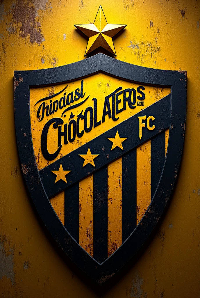 I want a detailed shield for a soccer team with the colors yellow and black and that contains the words and acronyms in Spanish: "ChOCOLATEROS FC ( that is together), PROMO 2008 and J.Ch".
Also add a star on the top of the shield not together