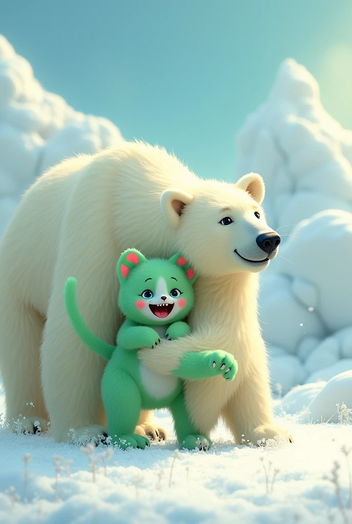 Green furry cat playing with 2 giant polar bears wearing arctic coats in beautiful pastel white snow
