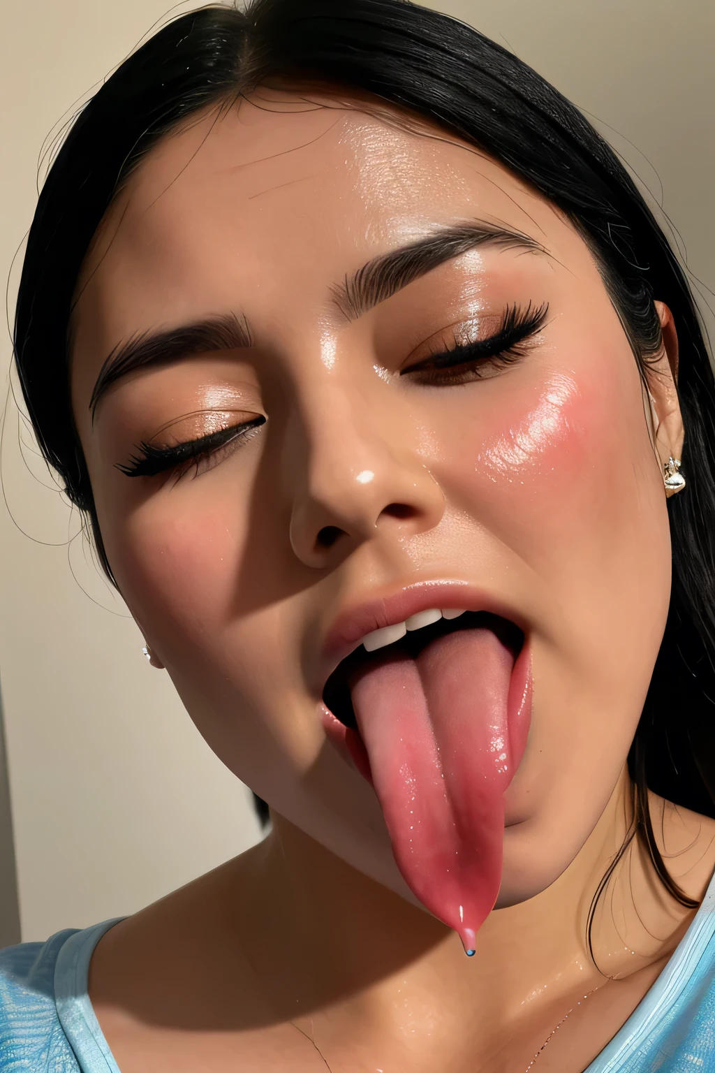 Tabletop,,Award-winning photo, Very detailed, Sharp focus on the eyes, Nose and mouth,Face Focus, Woman with open mouth and closed eyes, blue camisole、Age 35,Black-haired、Symmetrical face,Realistic nostrils、Angle from below,,Sweaty skin、Lighting that highlights sweaty skin,Skin shiny with sweat、Glowing Skin、Sweaty hair,Beautiful Japanese actresses,smile,(Super wet skin)((ahegao,,Sticking out tongue,Long Tongue,))((Realistic eyelashes with attention to detail))((ahegao, Drooling, traces of saliva, Long Tongue, Face to face, Textured skin, Anatomically correct, Ultra-high resolution,))Thick tongue,Realistic moist skin