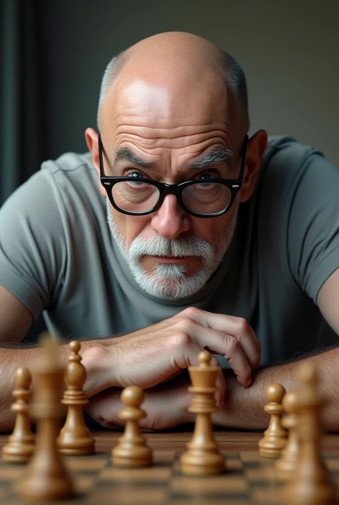 Completely bald Caucasian man , white beard and mustache and thin face glasses completely and gray lens round black t-shirt , Aquiline nose thin lips playing chess