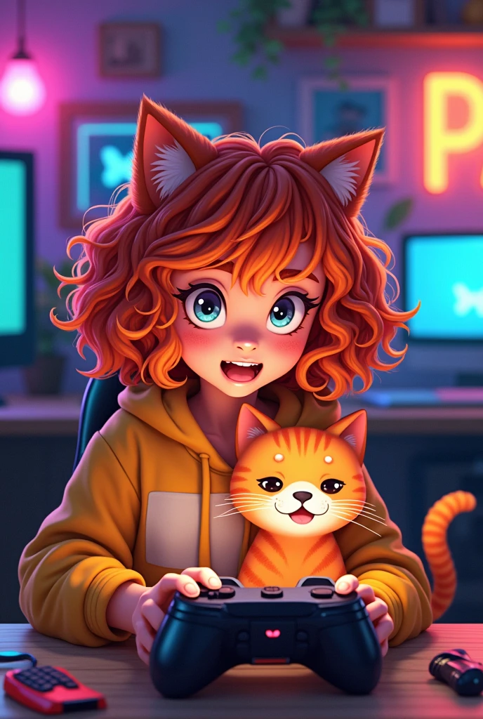Gamer girl with curly hair with an orange cat
