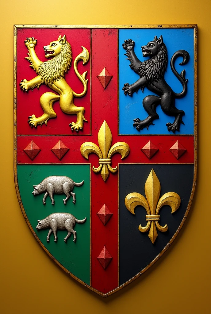 Create a shield for the Bolaños and Chacon families, with a red Calatrava cross charged with five silver scallops and azure and silver wave tips, rampant lion and the green tablecloth, silver sheep on a field of gold, golden fleur-de-lis and a black wolf of saple, with the colors red, dorado, blue and green