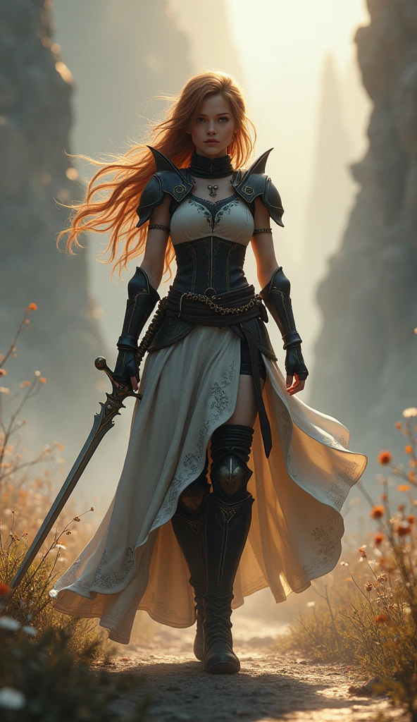 Theme of the game Final Fantasy. Image of a bronze-haired girl standing holding her favorite sword, wearing light armor in black and white, pastel colors, and dramatic tones. A masterpiece with the highest resolution , Image type surreal