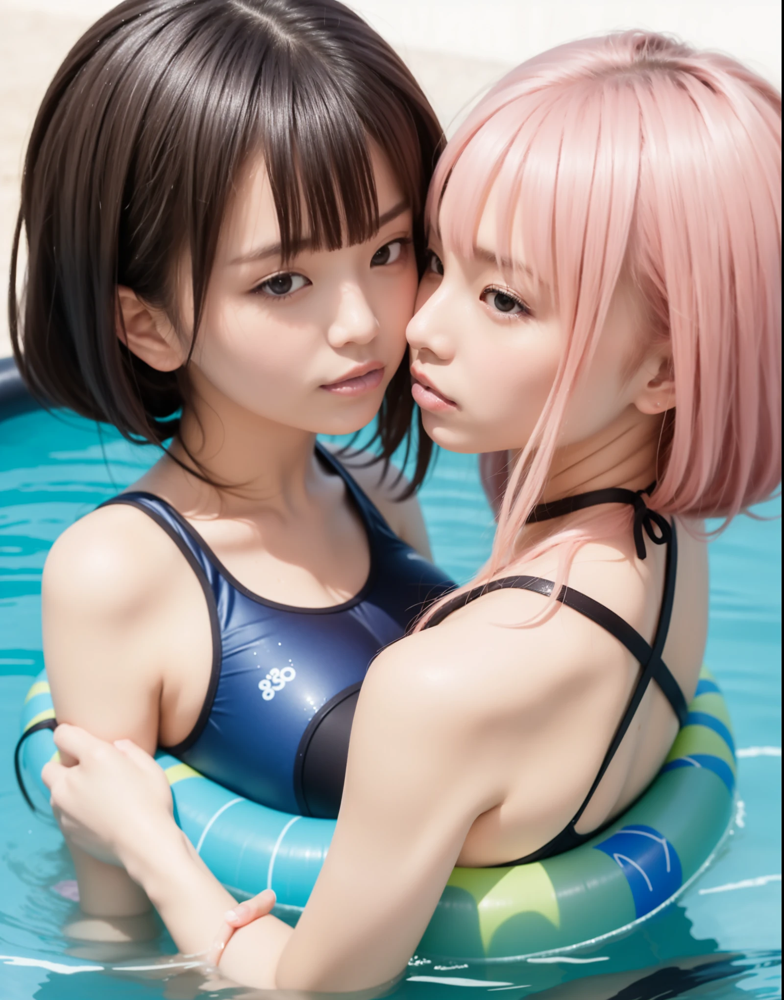 8k,masterpiece,Japanese,best quality, two girls, (kissing:1.6), bikini, (innertube1.5), reluctantly, (blush:1.8), (breasts:1.3), wet