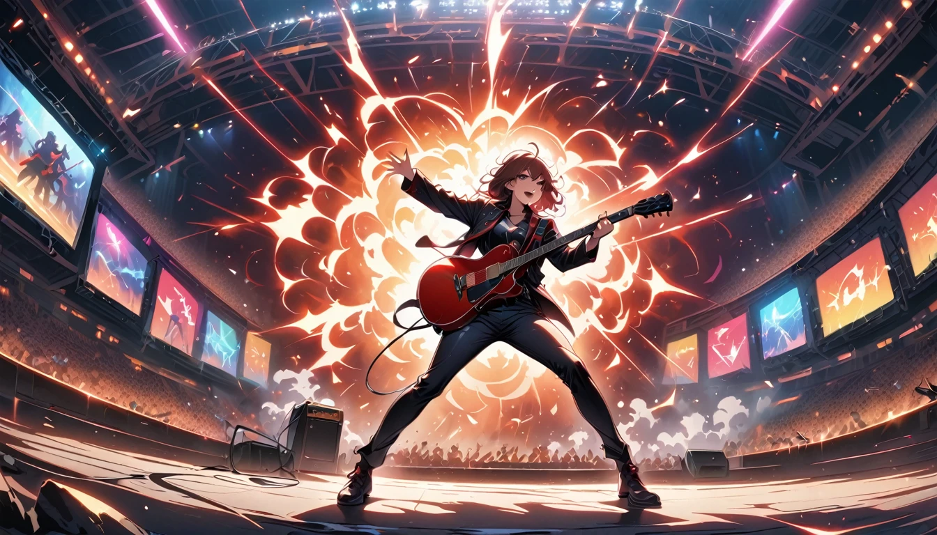 (best quality,4K,8k,high resolution,masterpiece:1.2),Super detailed,(current,photocurrent,photo-current:1.37),rock star,singer,guitar,uniform,Black,tight,golden accents,spacewalk,hysterical singing,Stage lighting,rebellious,glitch art,bright colors,Energetic performance,electric atmosphere,loud music,screaming fans,Huge speakers,Fiery explosion,dynamic poses,Smoke and fog effects,expressive face,rotating lights,Flash,dark background,edgy style,wild hair,microphone stand,Guitar sound distortion,rock music,Celebrity,Electric guitar solo,huge concert stage,strut on stage,Condescending,Emotional intensity,Loud and heavy drum beat,Electric energy,Stage fireworks,Powerful vocal performance,the stadium has a full crowd,thousands of fans,Roaring crowd,flash,electric atmosphere,sweaty and Energetic performance,legendary figures,Acting skills,standing ovation
