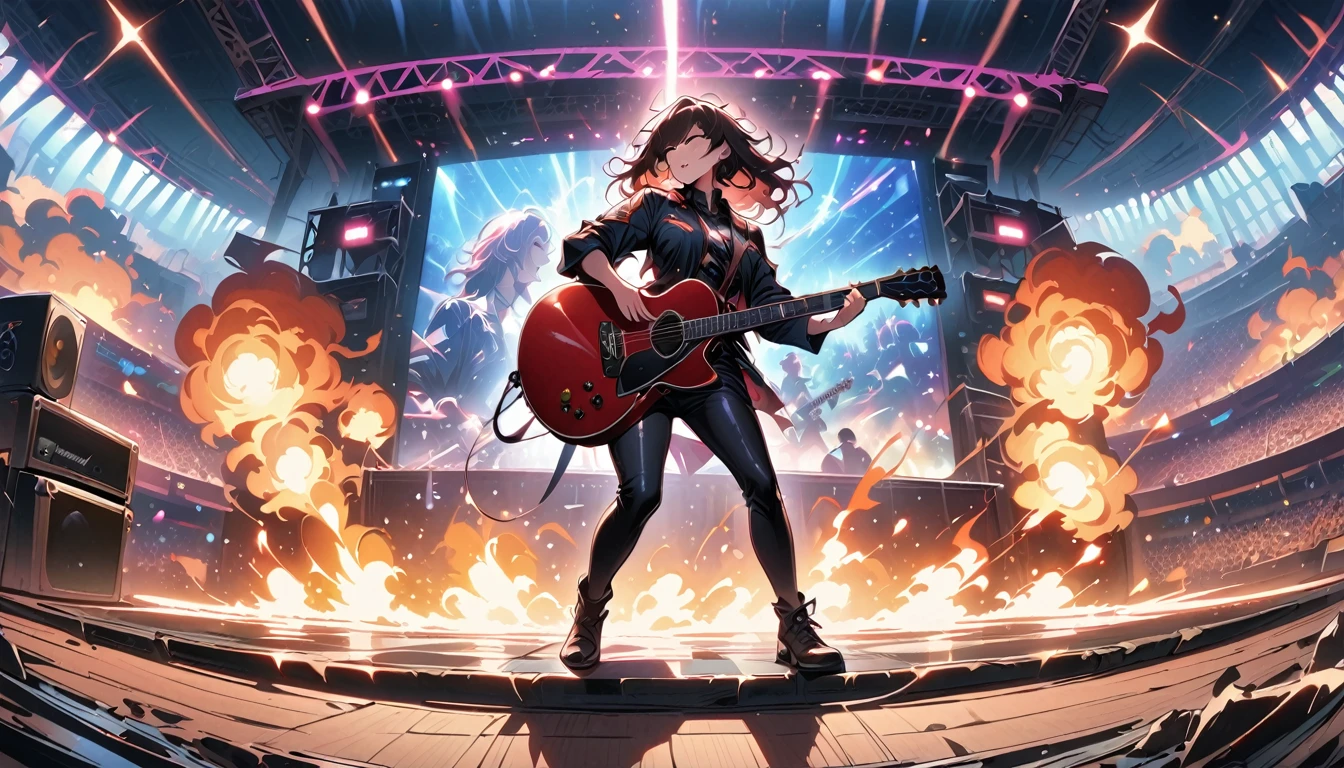 (best quality,4K,8k,high resolution,masterpiece:1.2),Super detailed,(current,photocurrent,photo-current:1.37),rock star,singer,guitar,uniform,Black,tight,golden accents,spacewalk,hysterical singing,Stage lighting,rebellious,glitch art,bright colors,Energetic performance,electric atmosphere,loud music,screaming fans,Huge speakers,Fiery explosion,dynamic poses,Smoke and fog effects,expressive face,rotating lights,Flash,dark background,edgy style,wild hair,microphone stand,Guitar sound distortion,rock music,Celebrity,Electric guitar solo,huge concert stage,strut on stage,Condescending,Emotional intensity,Loud and heavy drum beat,Electric energy,Stage fireworks,Powerful vocal performance,the stadium has a full crowd,thousands of fans,Roaring crowd,flash,electric atmosphere,sweaty and Energetic performance,legendary figures,Acting skills,standing ovation