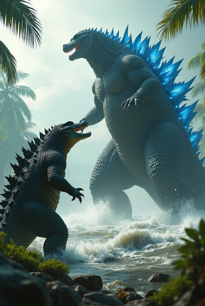 Realistic crocodile and godzilaa in one picture 
