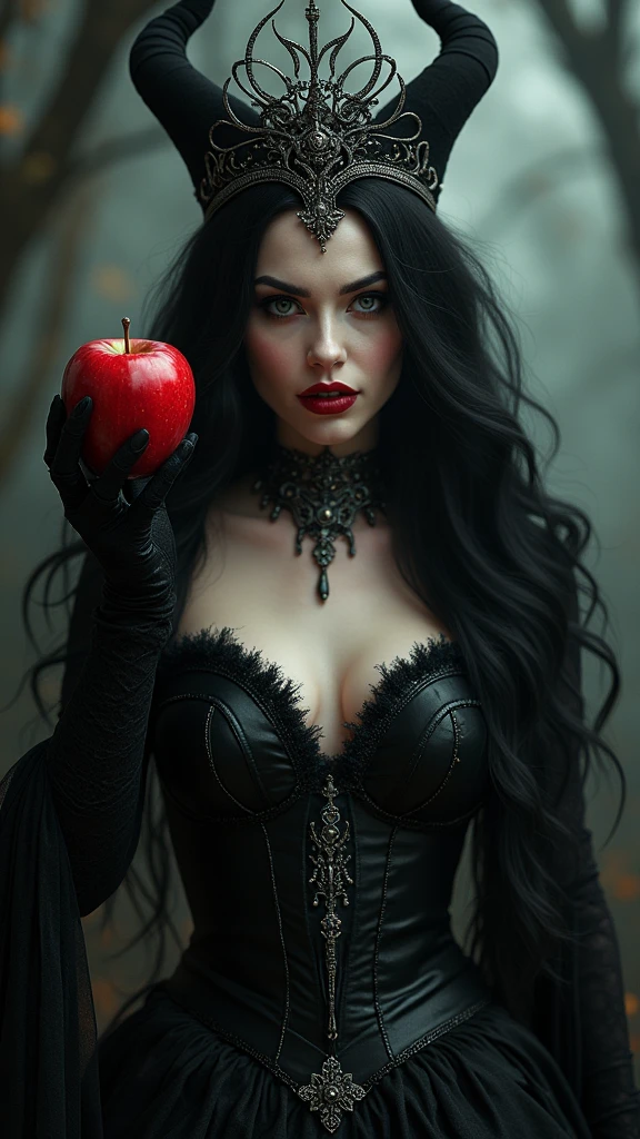 Girl,Black long hair，Black Queen，accessories，Apple in hand，Poison apples，Witch Queen，Red lipstick