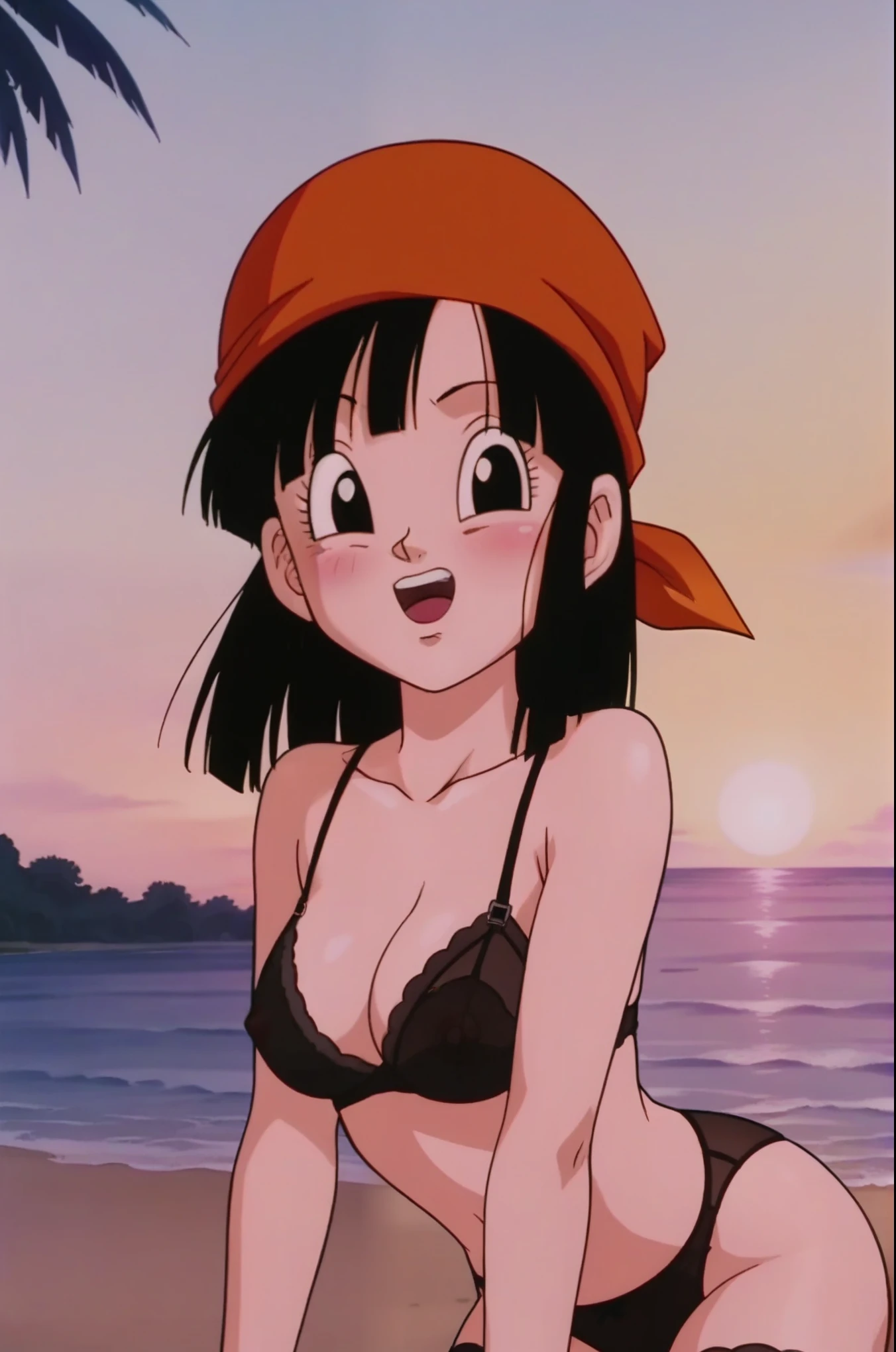 source_anime, score_9, score_8_up, score_7_up, anime screencap, 
pangt, 1girl, bangs, blushing, sexy face, grass, black hair, sunset, Watching the sunset, beach in open sea sunset, sun, collarbone, whole body, teeth, blunt bangs, outdoors, black eyes, eyelashes, upper teeth only, retro artstyle, , 1990s \(style\), orange headwear, underwear, lengerie, lingerie, mesh stockings, transparent tights, melancholic, thoughtful, hand on the chin, medium ass, breasts, sexy