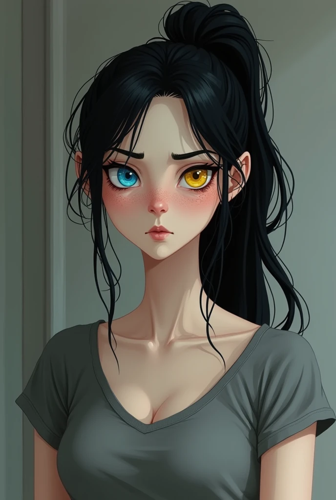 woman with mature beauty, has pale skin and long black hair that is in a ponytail. She has soft features and freckles across her cheeks Her left eye is bright blue, and her left eye is made of glass and is yellow. Is wearing a grey t-shirt that compliments her body well. She has a mean and grumpy expression, is cynical, and standoffish.