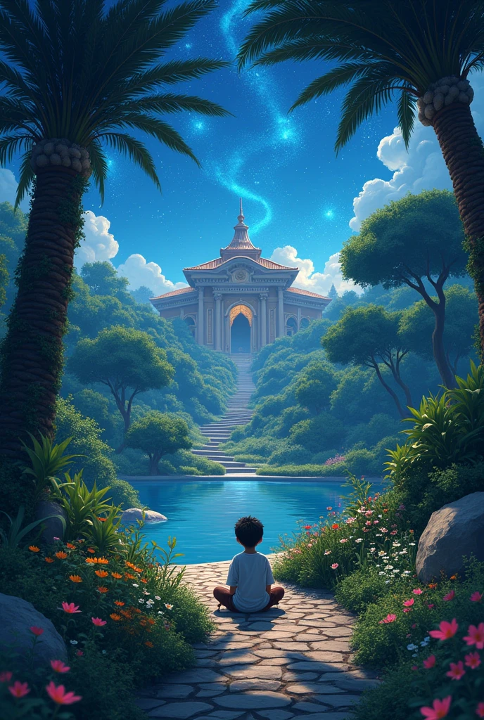 magnificent and spacious garden, the palace of prophet Solomon in the background, a boy sitting looking at the sky, floral flowers colorful, detailed landscape, Beautiful natural landscapes, atmospheric dark, night, cold colours, practical, photopractical, Detailed Foliage, complex buildings, cobblestone street, Charming country house, swirly vibrant colors, lush vegetation, Still water reflections, Picturesque, idyllic, work of art, best qualityer, 8k, extremely detaild,anime styling