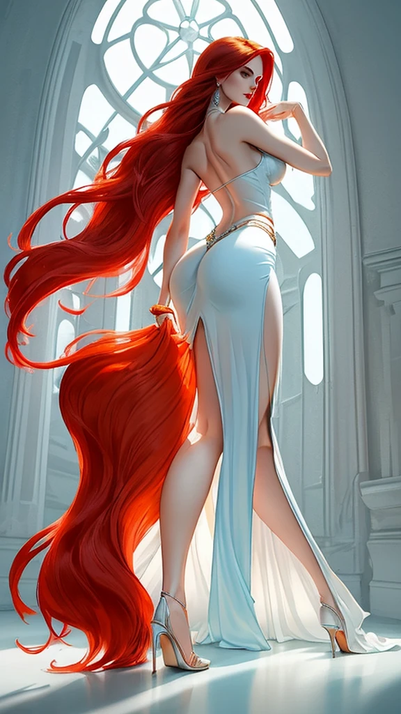 Mermaid background, top quality, 8K, natural light, pale orange backless maxi skirt, pale red bra, pale blue backless dress, sexy and beautiful, ((, slit dress, charming beautiful red Hair, beautiful legs, beautiful face, big butt)), big breasts, stilettos, angle from below),
