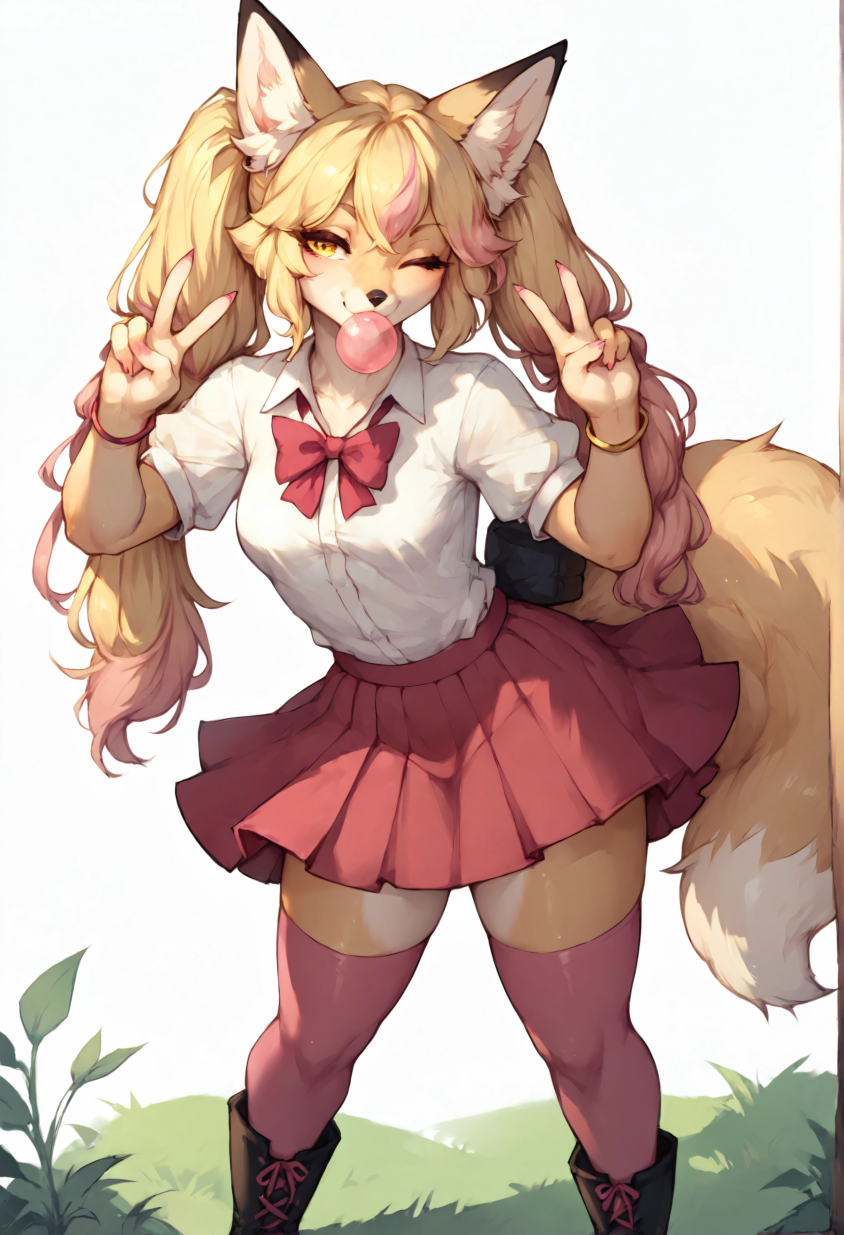 Solo, score_9,score_8_up,score_7_up, Kimiko, Anthro, Anthro furry blonde fox girl, blonde fur, long blonde hair, hair in pigtails, pink highlights in hair, yellow eyes, winking, one eye closed, smiling, fox ears and tail, she is wearing white preppy blouse, black skirt, black pump boots, pink thigh high socks, pink bracelets, blowing a bubble with bubblegum, bubblegum bubble in mouth, playful sexy pose, standing, hands to her side, simple white background, holding up a peace sign 