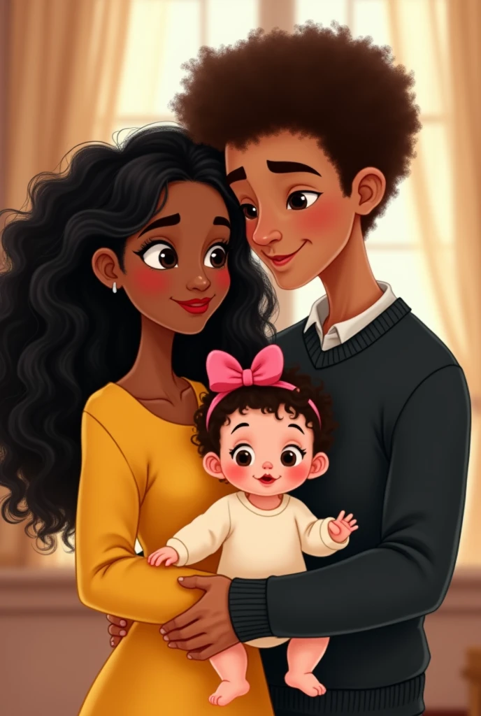 A brown woman with long black curly hair, black eyes, wearing a yellow dress. And a white skinned man , round nose,curly brown hair. He wears a black sweater. They hold a white baby with curly hair and a pink bow. Disney  style 