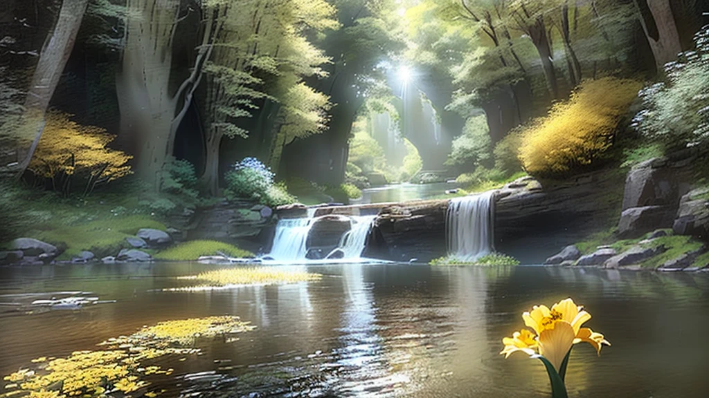 Yellow flowers blooming in the middle of the river, The river running alongside the cottage, river with low hanging plants, babbling brook, Streams of reality, stream, Shining in the flowing creek, yellow iris, Great environment, Small River, river stream, river with stunning water, calm down, The river is flowing, Very relaxing