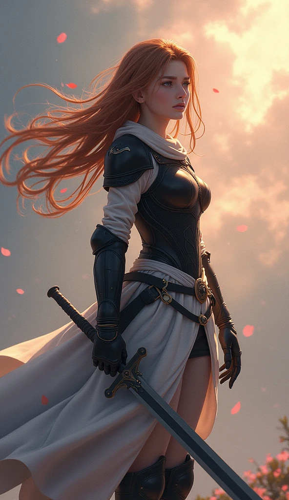 Theme of the game Final Fantasy. Image of a bronze-haired girl standing holding her favorite sword, wearing light armor in black and white, pastel colors, and dramatic tones. A masterpiece with the highest resolution , Image type surreal anime